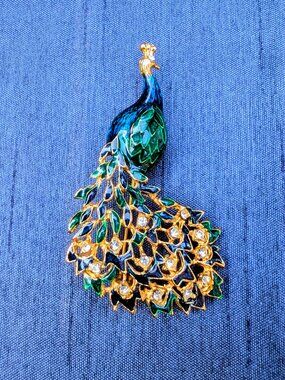 Peacock Brooch - Vintage - Blue and Green Enamel and Clear Rhinestones